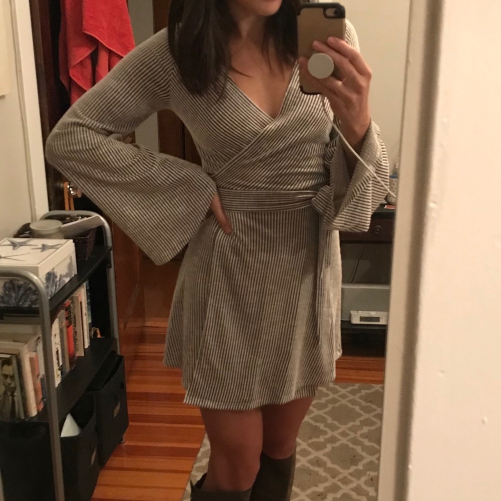 Olive Striped Wrap Dress w/ Flare Sleeves